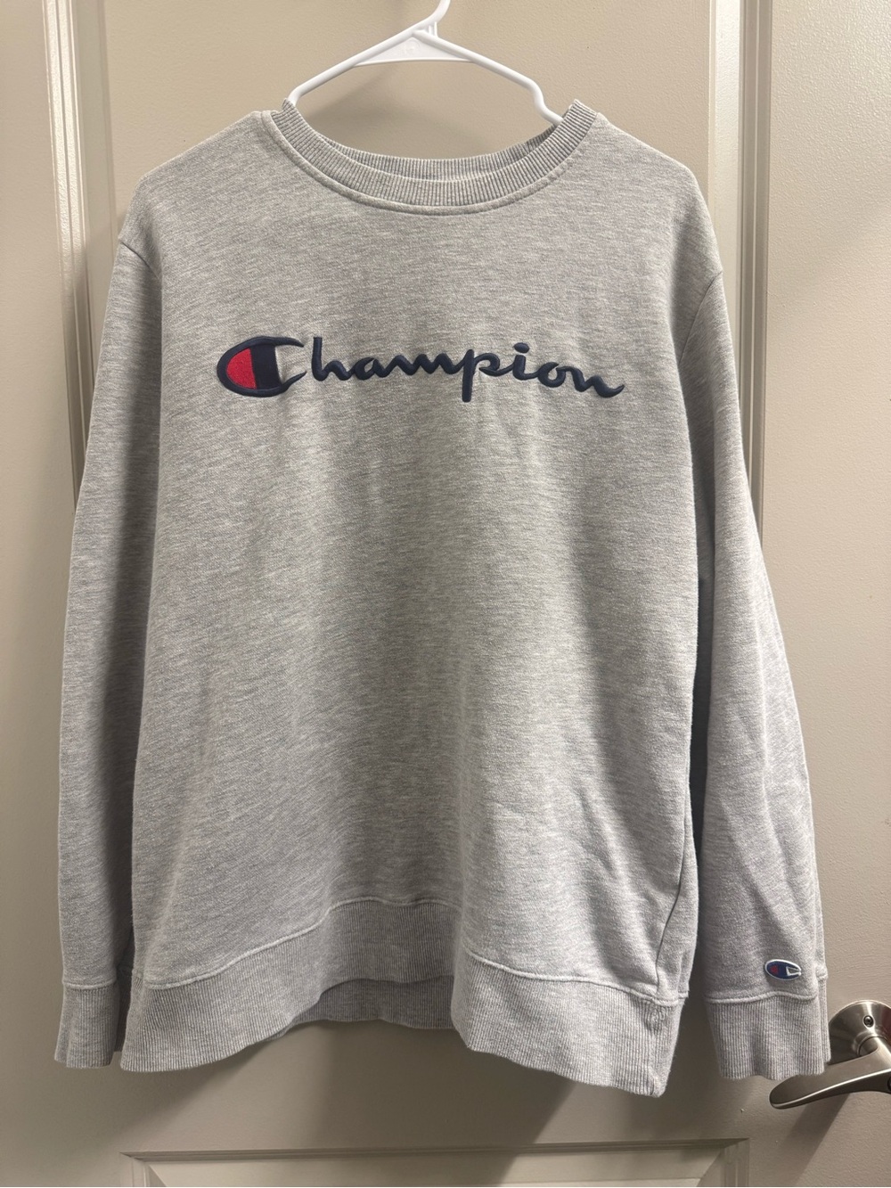 Champion - Light Grey Crewneck with Navy Script and Red Accent